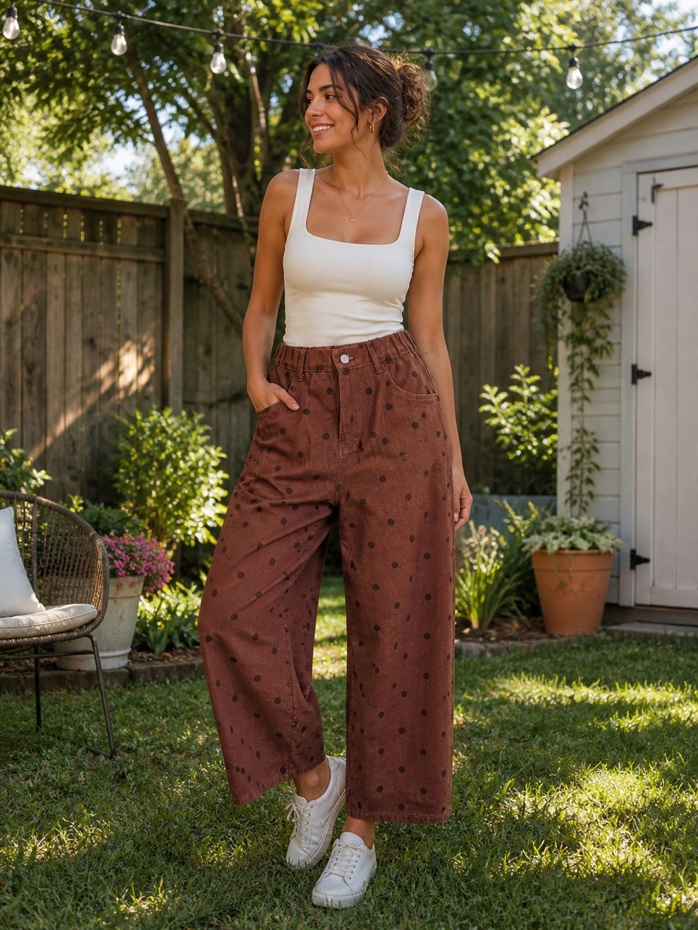 Polka Dot Wide-Leg Pants in Brown